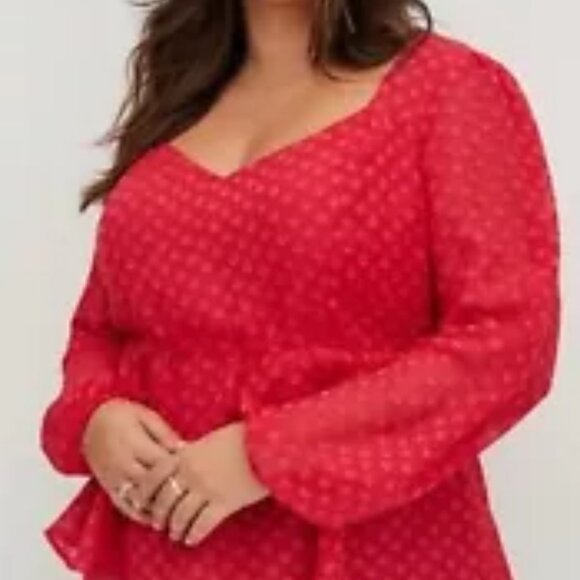 TORRID Peplum Long Sleeve Heart Chiffon Blouse Sz 0, L, 12 Magenta Sheer NWT - Picture 2 of 11